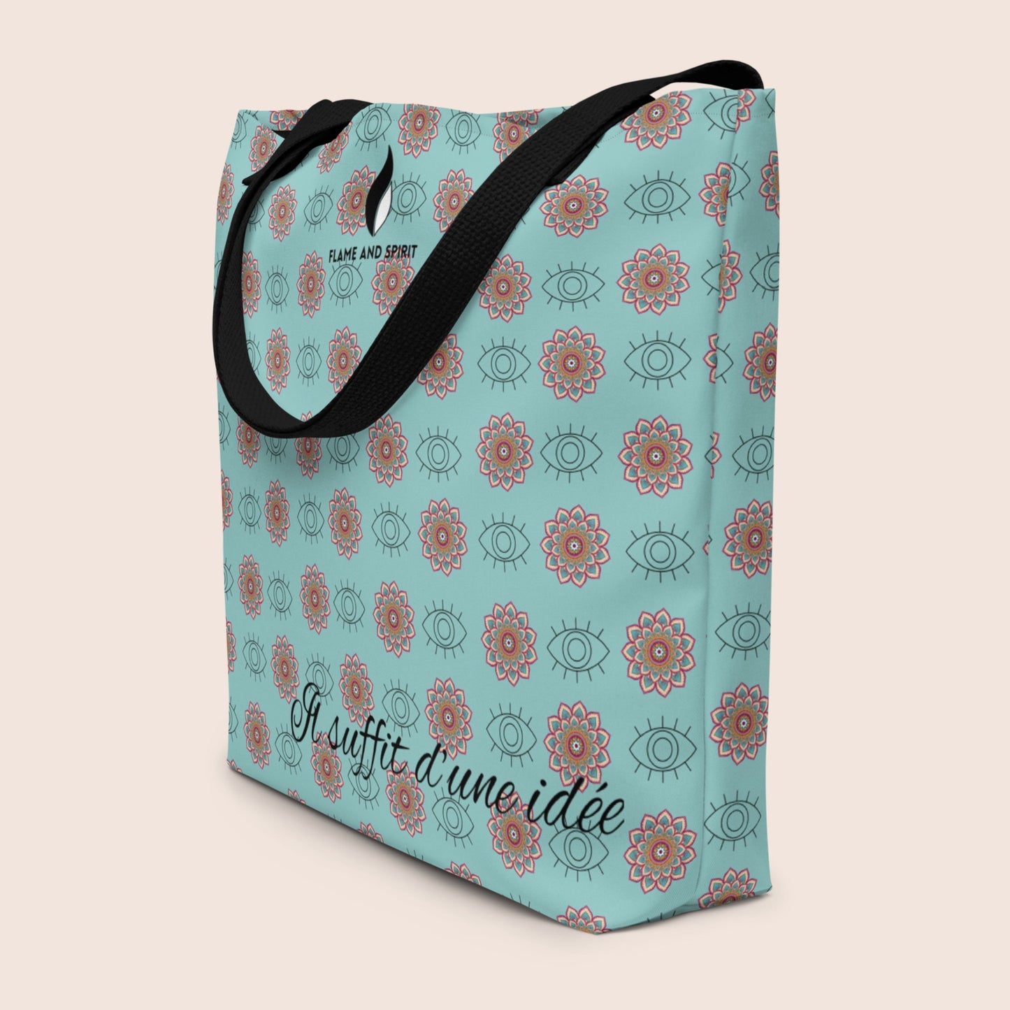 Tote Bag unisexe, avec affirmation positive sur face avant. Motifs œil graphique et mandala sur fond bleu vert clair. Signature Flame and Spirit face avant et poche intérieure.