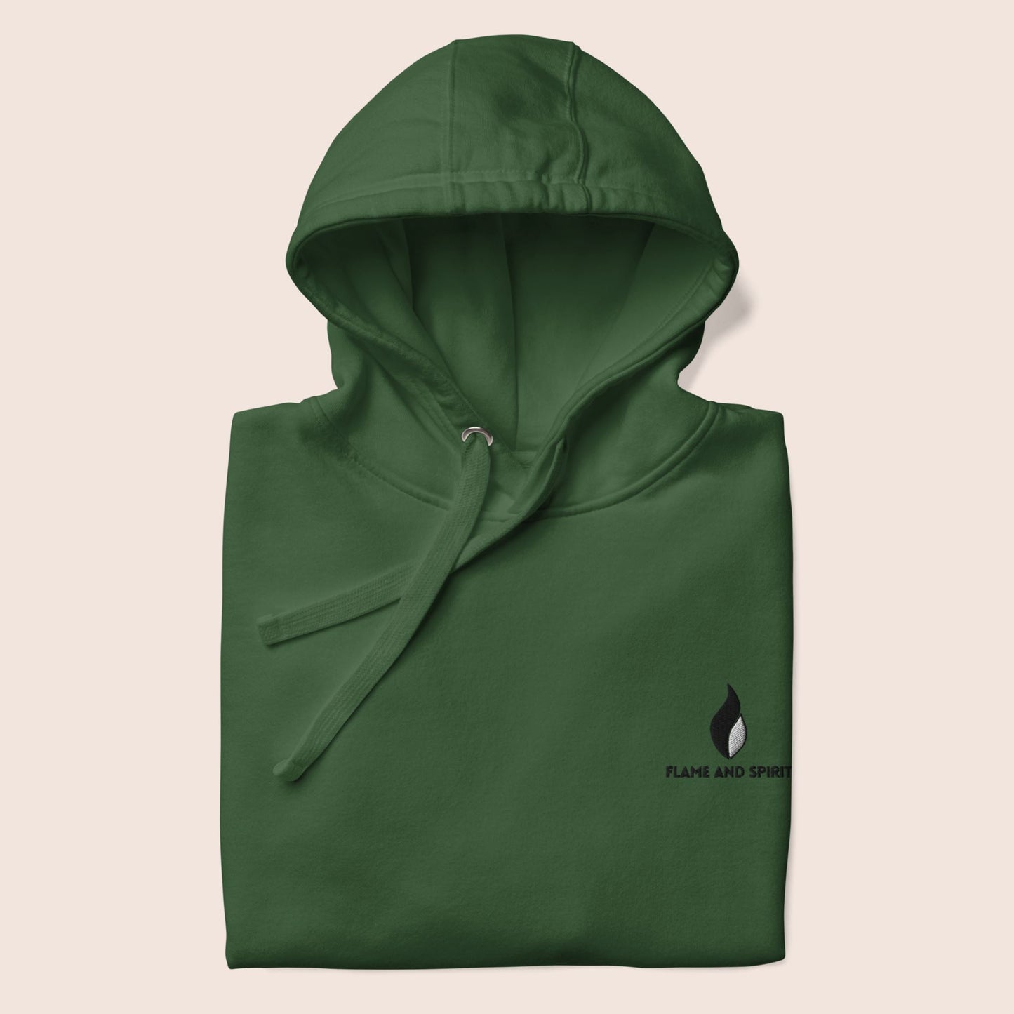 sweat à capuche unisexe vert forêt brodé à l'avant poitrine gauche et imprimé dans le dos avec un design simple de lune et soleil et le message inspirant merci univers