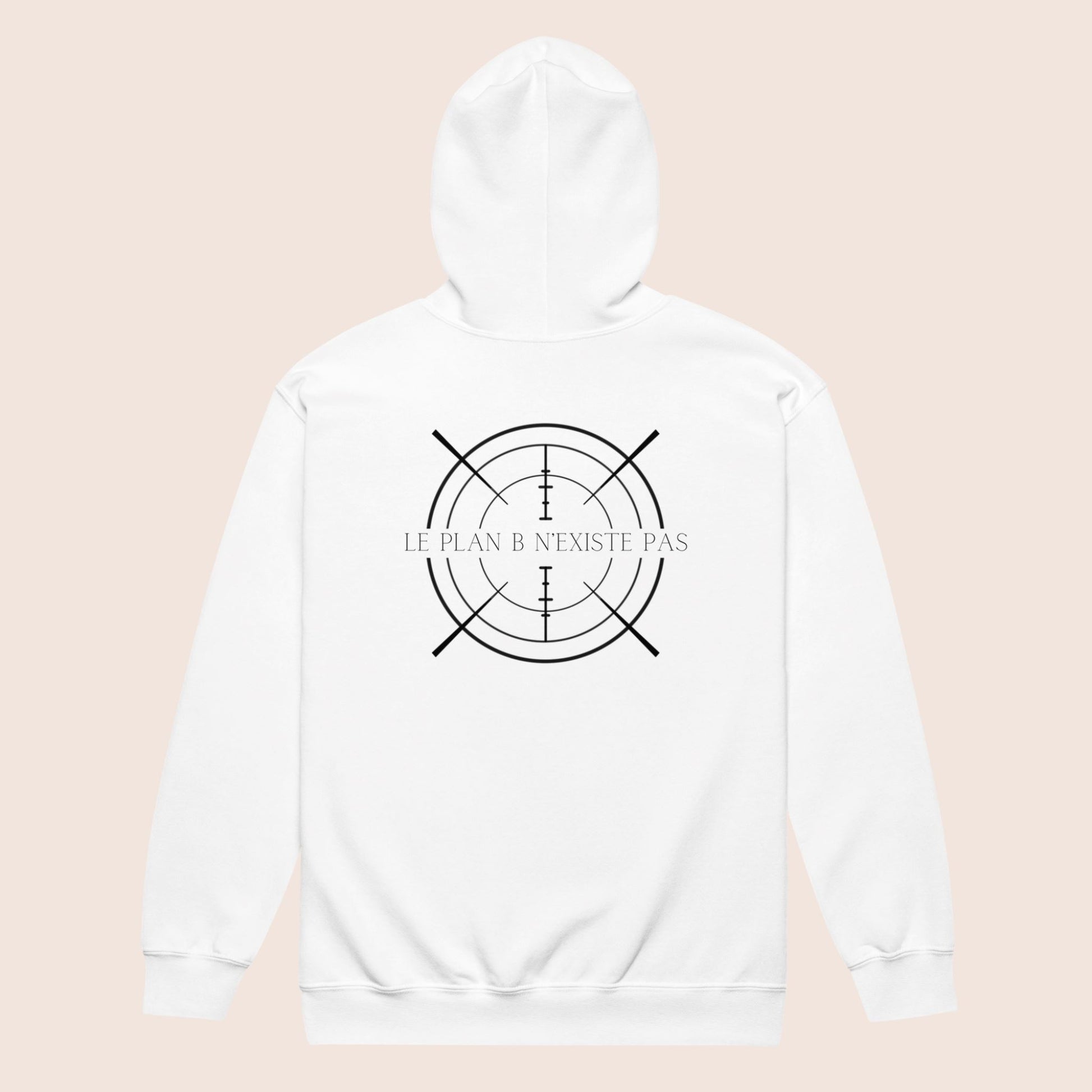 veste à capuche et fermeture éclair blanche avec le logo flame and spirit brodé sur la poitrine gauche et un design cible au dos et une affirmation positive le plan B n'existe pas