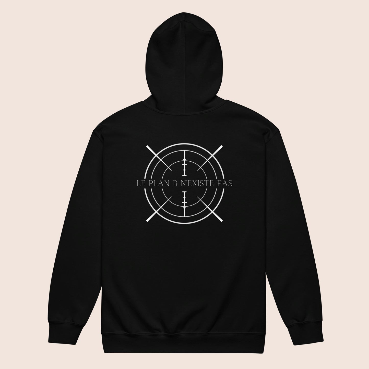 veste à capuche et fermeture éclair noire avec le logo flame and spirit brodé sur la poitrine gauche et un design cible au dos et une affirmation positive le plan B n'existe pas